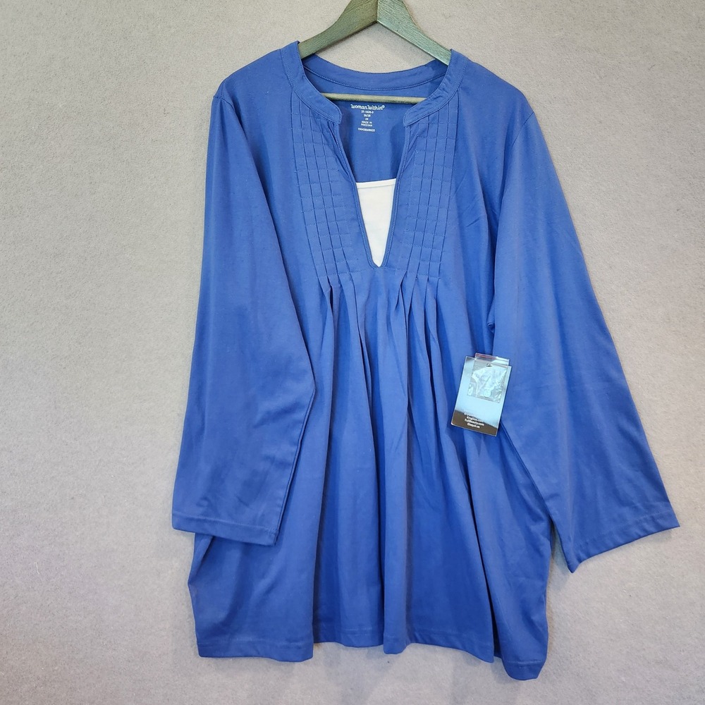 Woman Within V-Neck Pintuck Tunic Roll‎ Tab Sleeve Royal blue 26/28 2X